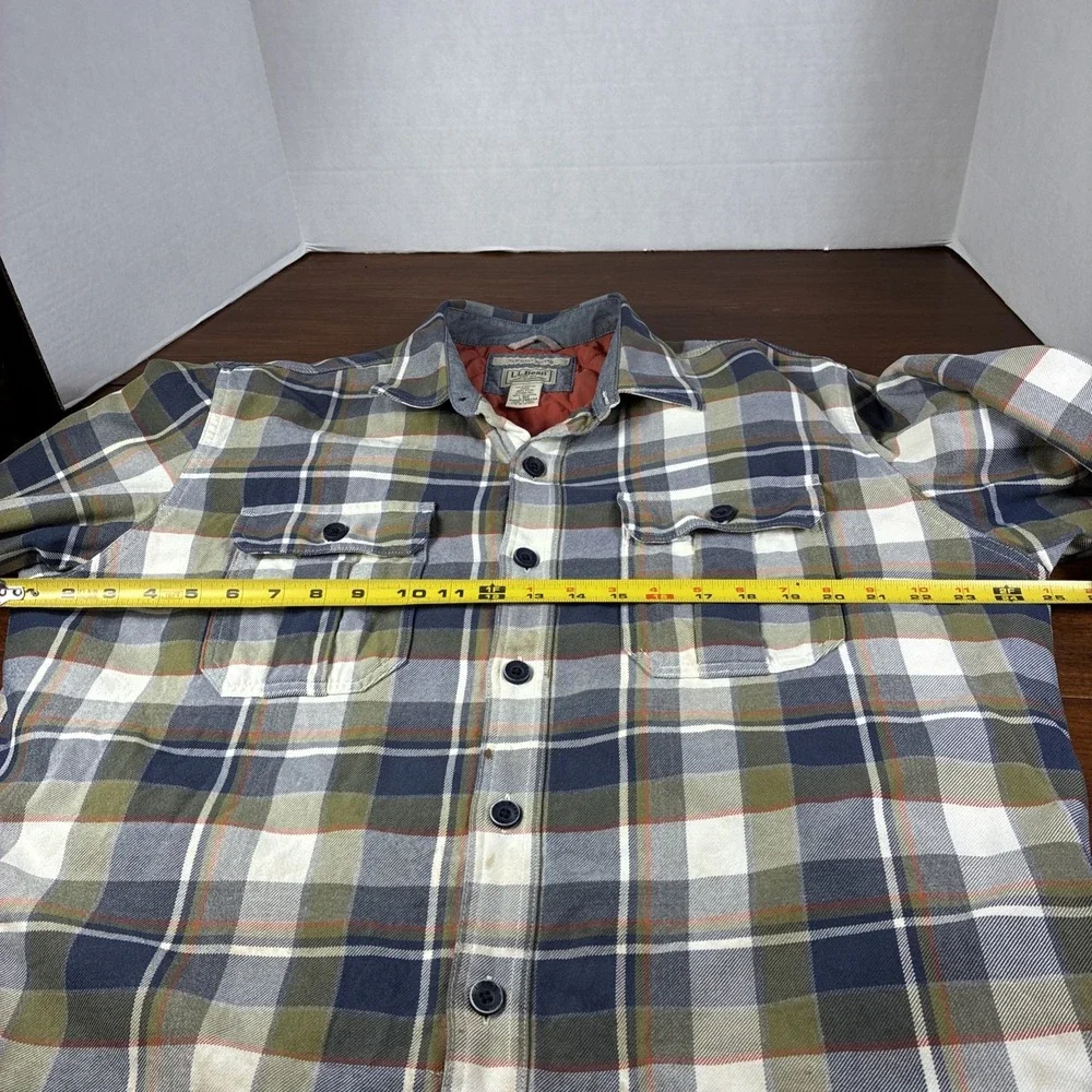 LL Bean Insulated Button Up Shirt Jacket Quilt Lined Plaid With Stains